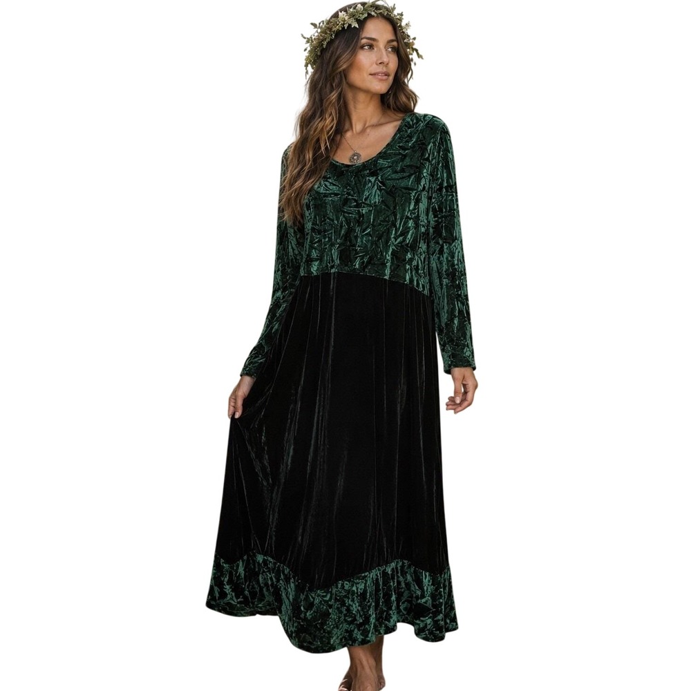 Vtg Studio Ease Green Crushed Velvet Maxi Dress Whimsy Boho Forest Fairy 20W
